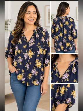 CECE Navy Floral Button-Front Women’s Blouse 1XL